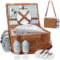 Picnic Cooler Basket Set for 2 Persons with Large Waterproof Picnic Blanket, Cutlery Service Kit and Adjustable Strap - color: Honey Color for 2 Persons With Strap