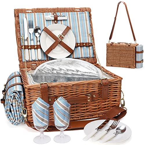 Picnic Cooler Basket Set for 2 Persons with Large Waterproof Picnic Blanket, Cutlery Service Kit and Adjustable Strap - color: Honey Color for 2 Persons With Strap