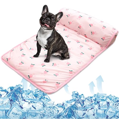 PUMYPOREITY Cooling Dog Bed, Pet Cooling Mat with Pillow, Ice Silk Cooling Dog Blanket, Self Cooling Pad for Cat,Dog, Washable Summer Pet Mat for Kennel, Crates, Sofa, Floor, Pink, S - color: Pink, size: Small