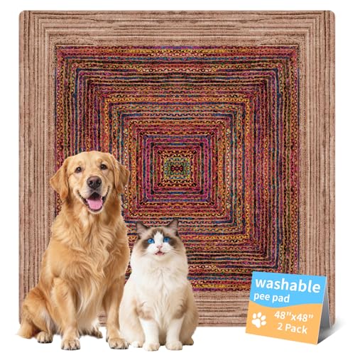 Washable Dog Pee Pads, Vintage Carpet Style, Non-Slip, Leak-Proof, Ultra-Absorbent, Reusable Puppy Training Pads & Mat for Pet Crates, Floors, Whelping & Housebreaking, 2 Pack 48"x48" - color: Sisal Bohemian Print, size: 48" ×48"(pack of 2)