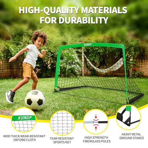 2 Set Kids Soccer Goals for Backyard with Training Equipment, Portable Foldable Practice Nets with Ball, Dice & Mat, Cones, Air Pump and Carry Bag for Toddler Youth Outdoor Sports Game - color: Green, style: 5x3FT