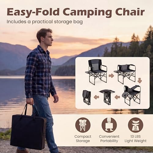 GYMAX Oversized Camping Directors Chair, Portable Folding Camping Chairs for Adults with Table, Heavy-Duty Lawn Chair for Fishing, Picnic, Sports, Beach, Outdoor, Supports 500LBS (Grey) - color: Grey