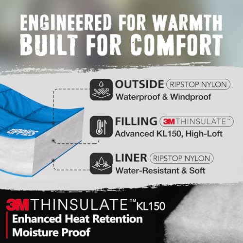 3M Thinsulate Insulation Puffy Camping Blanket for Cold Weather, Queen Size Warm Camping Quilt with Zipper, Waterproof Outdoor Sleeping Bag for Hammock, Cozy & Versatile Gift for Men and Women - color: Blue