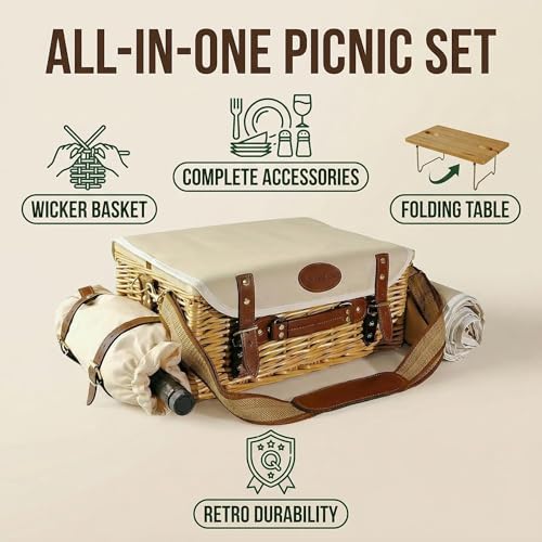 Multifunctional Wicker Picnic Basket Set for 2 Adults with Picnic Table and Blankets,Large Insulated Picnic Set with Wine Pouch and Full Tablewares for Camping Outdoor Couples Natural Beach Wedding - color: Nature2
