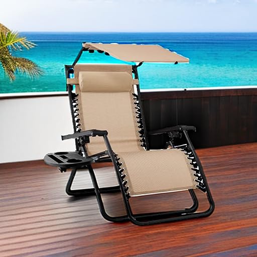 Best Choice Products Folding Zero Gravity Outdoor Recliner Patio Lounge Chair w/Adjustable Canopy Shade, Headrest, Side Accessory Tray, Textilene Mesh - Beige - color: Beige, size: Standard