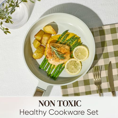 CAROTE Ceramic Cookware Set Nonstick, 14pcs Pots and Pans Set Nonstick, Non-Toxic & PFAS-Free, Dishwasher, RV/Camping Cookware Set, Cooking Pots with Lids, Sage Green - color: Green