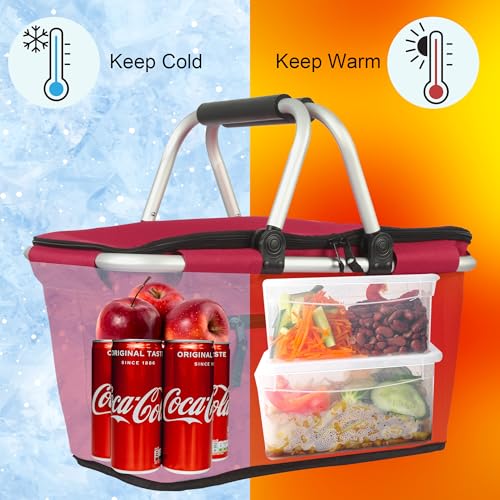 Picnic Basket, SIYUAN 27L Collapsible Insulated Farmers Market Basket for Shopping Traveling Large Grocery Tote Bag with Handles Red - color: Red