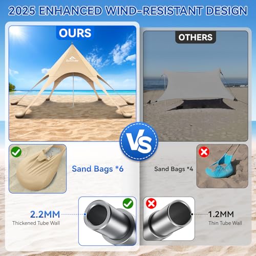 Beach Tent Sun Shelter & Portable Beach Canopy UPF 80+ UV Protection, Beach Shade Canopy with 6 Sandbags, Sand Shovel Ground Pegs for Outdoor Camping, Picnics (12x12 Ft, Beige) - color: Beige