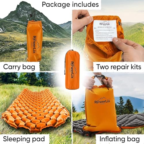 POWERLIX Ultralight Inflatable Camping Sleeping Pad - Camping Mattress for Backpacking, Hiking, Compact Lightweight Sleeping Mat for Camping, Inflation Bag/Repair Kit Included - color: Orange & Black