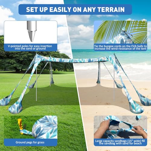 Beach Tent Sun Shelter 10x10ft Beach Canopy Easy Pop Up Sun Shade Portable UPF50+ with 8 Sandbags-2 Sand Shovel-4 Aluminum Poles-Ground Pegs for Outdoor Family Camping Fishing Backyard Picnic - color: Fronds, size: 10x10 FT 4 Pole
