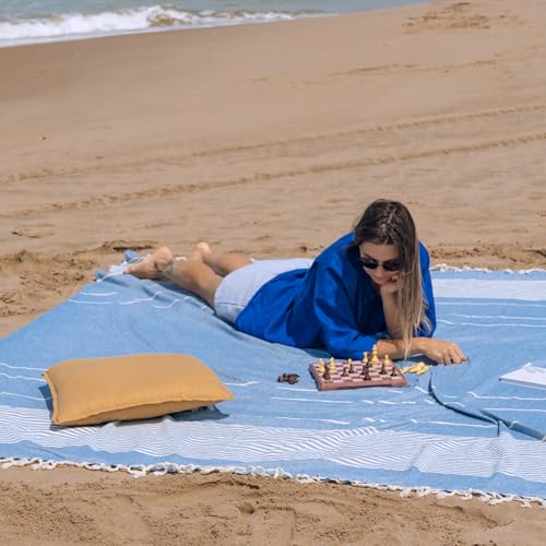 Extra Large Turkish Beach Towel Style – 100% Cotton, Sand-Free Comfort | Oversized Beach Towel – Sandproof Beach Blanket – Big Beach Mat - Outdoor Picnic Blanket (Blue, 83x94 in) - color: Blue