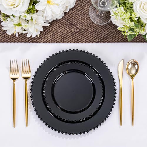 U-QE 60PCS Black Plastic Plates - Heavy Duty Black Disposable Plates Including 30PCS 10'' Dinner & 30PCS 7.5'' Dessert Plates -Hard Plastic Plate for Party Wedding Bridal Shower - color: Black
