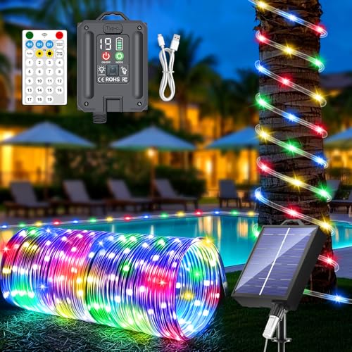 New Upgraded Solar Rope Lights Outdoor Waterproof 105ft 300 LED Solar String Lights with Remote Timer Dimmable 19 Modes Christmas Lights for Pool Yard Outside Patio Xmas Tree Decor (300LED-Multicolor) - color: 300LED-Multicolor