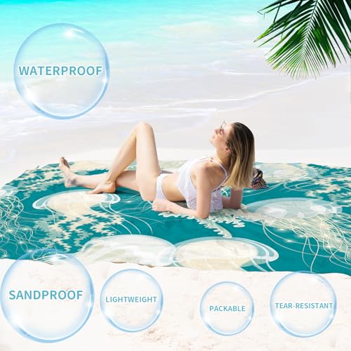 Beach Blanket 78''×81'' Suits 1-5 Adults Waterproof Sandproof Oversized Waterproof Lightweight Durable Beach Blanket Large Picnic Mat for Travel Camping Picnic - color: Jellyfish, size: 78''x81''