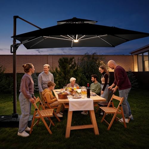 JZAC & QZYD 9x12 FT Outdoor Cantilever Patio Umbrella with LED Lights, Large Heavy Duty 2-Tier Aluminum Offset Umbrellas with 360-Degree Rotation for Pool Deck, Black - color: Black, size: 9'×12'