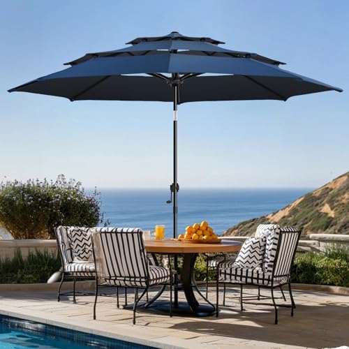 wikiwiki 10 FT Patio Umbrellas 3-Tiers Outdoor Table Market Umbrella with Push Button Tilt/Crank, Fade Resistant Waterproof POLYESTER DTY Canopy for Garden, Lawn, Deck, Backyard & Pool, Dark Blue - color: Dark Blue, size: 10 FT
