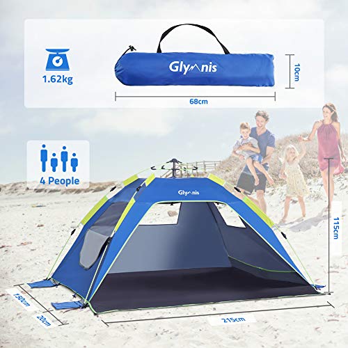 Glymnis Pop Up Beach Tent Sun Shade Shelter for 3-4 Person with UPF 50+, Lightweight & Easy Setup, Vent Windows & Zippered Door, Extended Floor Family Instant Beach Tent - color: Dark Blue