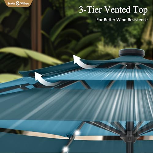 Sophia & William 10ft Patio Umbrellas 3-Tier Umbrella Outdoor Patio Umbrellas with Lights Vented Top 24 LED lights Adjustable Tilt for Pool Garden Backyard, Mixed Peacock - color: Mixed Peacock