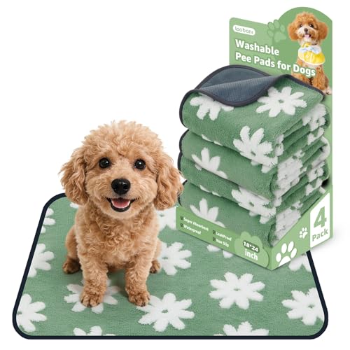 LOOBANI Washable Puppy Pads: Waterproof Reusable Pee Pads for Dogs, Non-Slip and Leak-Proof Dog Pee Mat, Absorbent Dog Training Pads for Puppy Playpen, Crate, Potty Training (18"x24", 4 Packs) - color: Green Daisy, size: 18"x24"(Pack of 4)