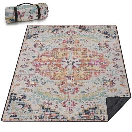 Picnic Blankets Waterproof Large, 80"x 60" Outdoor Beach Blanket Sandproof Foldable Lightweight Portable 3-Layer Camping Mat for Parks,Hiking,Travel,Music Festival,Concerts(Retro Boho) - color: Light Pink Boho, size: 5' x 6'8" (Rectangular)
