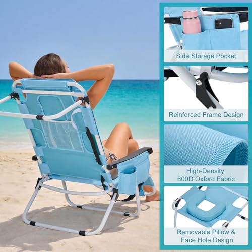 ABORON Tanning Chair with Face Hole, 5-Position Adjustable Reclining Beach Lounge Chair, Folding Face Down Sun Lounger for Beach, Poolside, Patio, Lawn, Home - color: Fresh Blue