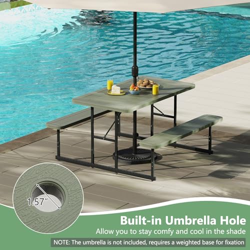 LDAILY Picnic Tables with Benches, Rectangular Dining Table Set for Outside 4 People, HDPE Tabletop, Metal Frame, Umbrella Hole, Heavy Duty Picnic Table for Outdoors, Patio, Lawn, Commercial (Green) - color: Green