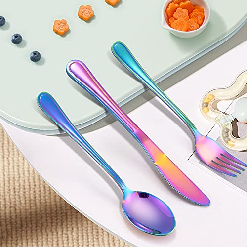 LIANYU 12-Piece Rainbow Kids Silverware Set, Stainless Steel Toddler Utensils Flatware Set, Child Cutlery Tableware for 4, Include knife Fork Spoon, Mirror Finished, Dishwasher Safe - color: Rainbow