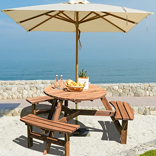 Giantex 6 Person Wooden Picnic Table Set with Wood Bench, with Umbrella Hold Design, Perfect for Outdoor Garden Yard Pub Beer Dining, Dark Brown - size: 67"L×67" W×27.5"