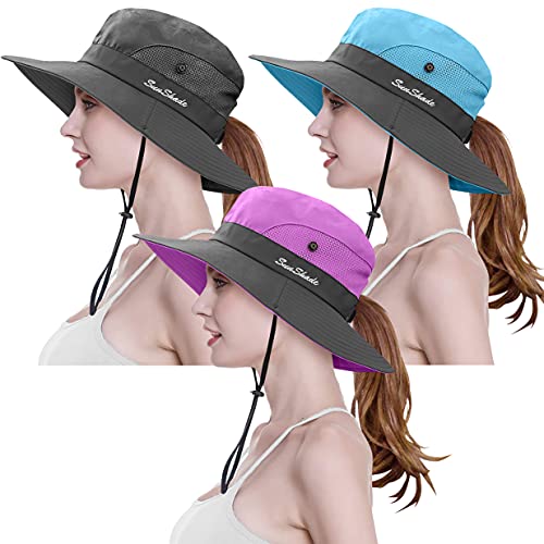 3 Pieces Womens Ponytail Wide Brim Sun Hat Packable UV Protection Beach Cap for Fishing & Hiking - color: Purple＆sky Blue＆gray