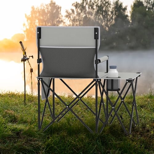 Goplus Oversized Camping Chair with Side Table, Folding Heavy-Duty Picnic Chair w/ 2 Storage Pockets, Cup Holder, Padded Armrests, Carrying Bag, Portable Outdoor Chair for Fishing RV Trip (Gray,1) - color: Grey