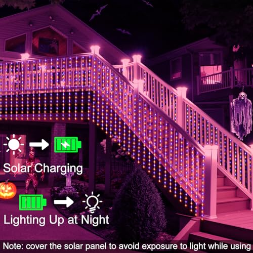 echosari Solar Halloween Curtain Lights Outdoor, 7.9ft x 6ft 144 LED Orange Purple Curtain Lights with 8 Modes Timer Waterproof for Indoor Outdoor Patio Fence Halloween Tree Party Decor - color: Orange & Purple, size: 7.9Ft x 6Ft