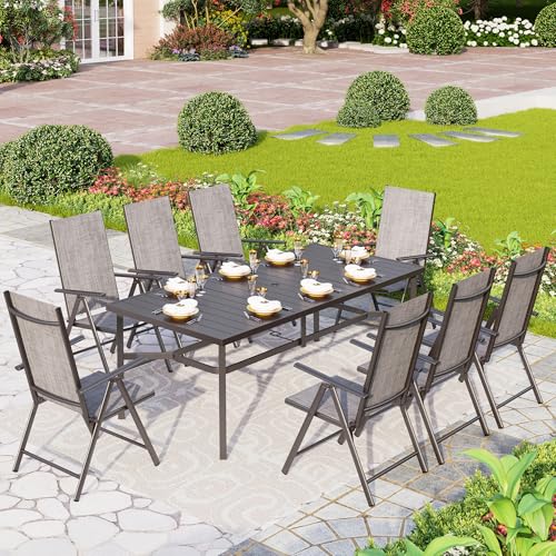 PHI VILLA 9 Piece Patio Dining Set, Patio Furniture Outdoor Dining Set with Adjustable Portable Patio Folding Chairs (Grey) & Large Patio Dining Table for Yard, Garden and Deck - color: Grey, size: 9 Piece Rectangle