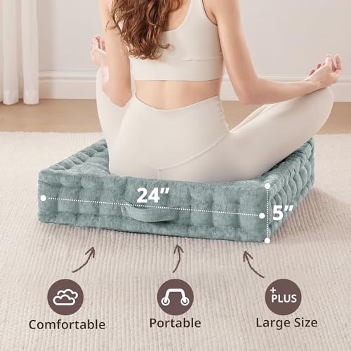 Intelligent Design Large Floor Pillow for Adults Yoga or Meditation Cushion with Handle, Floor Cushion for Board Games, Lustrous Chenille Tufted, Handsewn Scalloped Edge, Azza, 24" x 24" x 5" Aqua - color: Square Aqua With Handle, size: 24"W x 24"L x 5"H
