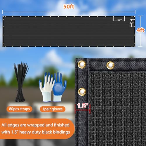 Privacy Fence Screen,with Gloves, 4X50FT Heavy Duty 220GSM 98% Blockage Privacy Screen Fence for Outdoor Wall Garden Yard Backyard (Black) - color: Black, size: 4x50 Ft