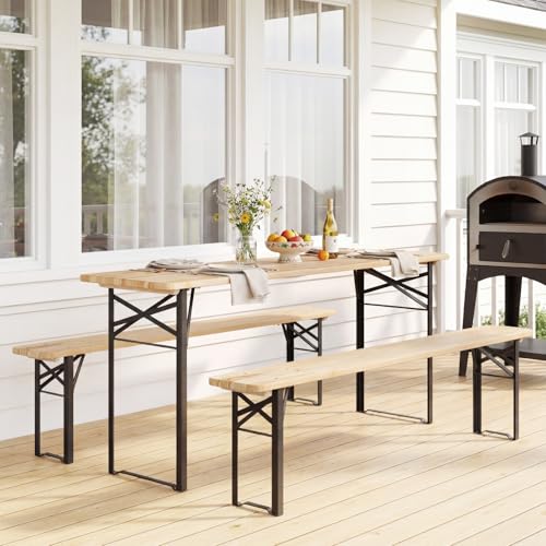 Giantex 3-Piece Folding Picnic Table with Benches Set, Solid Wood Camping Beer Table Bench Set with Metal Frame, Portable Patio Dining Furniture, Indoor & Outdoor Folding Table and Chairs for 4 (70'') - size: 70''