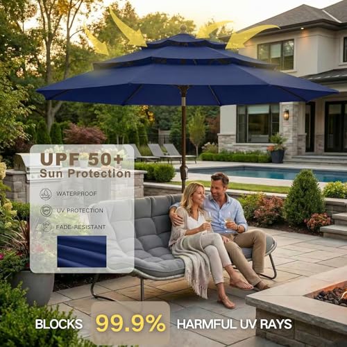 Kingdura 10ft 3-Tier Patio Umbrella, Outdoor Table Umbrella with Easy Crank & Tilt, 8 Reinforced Ribs, UV Protection for Deck, Pool, Market, Backyard (Navy blue) - color: Navy blue, size: 10 FT