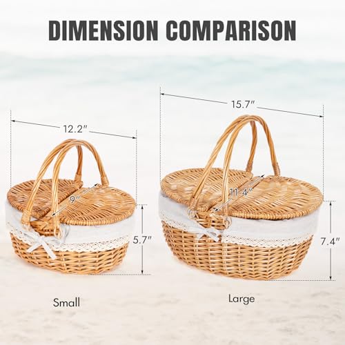 Happypicnic Wicker Picnic Basket with Handle, 15" Large Empty Picnic Basket with Lid & Removable Liner, Vintage Hand Woven Basket for Picnics, Camping, Veg Picking, Mother's Day, Thanksgiving (Solid) - color: Solid, size: Large