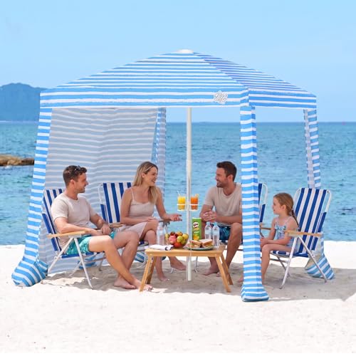 Qipi Beach Cabanas for Sand, Beach Canopy with Sandbags & Side Wall for Family, Easy Set Up Sun Shelter, UPF 50+ UV Protection with Roof Vent - color: 6.5' x 6.5' Blue Stripes Dual-Fold