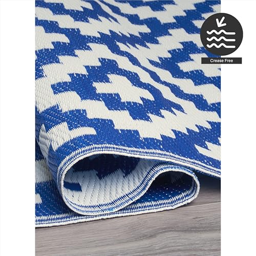 FH Home Outdoor Rug - Waterproof, Fade Resistant, Reversible - Premium Recycled Plastic - Geometric - Large Patio, Deck, Sunroom, Camping, RV - Aztec - Blue & White Crease Free - 6 x 9 ft - color: Aztec - Blue & White, size: 6' x 9' (Rectangular)