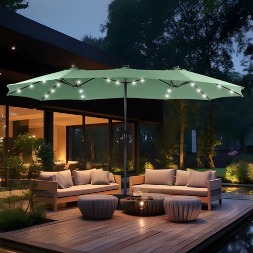 MFSTUDIO 15ft Double Sided Patio Umbrella with Solar Lights, Outdoor Large Umbrellas with Crank Handle and 36 LED Lights, Rectangular Market Umbrella with Base Included for Deck Pool Shade, Mint Green - color: Mint Green