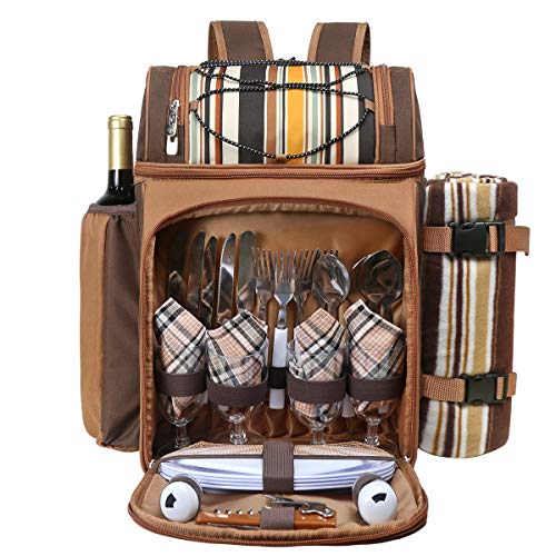 Hap Tim Picnic Basket Backpack for 4 Person with Insulated Leakproof Cooler Compartment, Wine Holder, Fleece Blanket, Cutlery Set, Wedding Gifts for Couples, Engagement Gifts - color: Brown, size: 4 Person