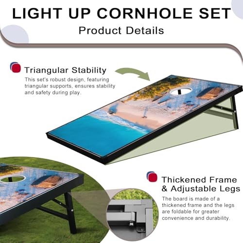 LED Cornhole Set, 3 x 2ft / 4 x2 ft Cornhole Board Game Set, Corn Hole Outdoor Game, Multi-Design with Light-Up Border, 8 Bean Bags, Carrying Case for Backyard, Beach, Lawn - color: Beach, size: 3'x2'