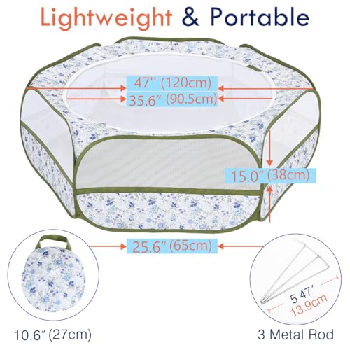 Pawaboo Small Animals Playpen, Waterproof Small Pet Cage Tent with Zippered Cover, Portable Outdoor Yard Fence with 3 Metal Rod for Chick/Kitten/Puppy/Guinea Pig/Rabbits/Hamster, Blue + White Flower - color: T-Blue + White Flower