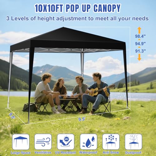 Yesker 10x10 Pop Up Canopy Tent UPF 50+ Waterproof Outdoor Canopy Portable Folding Easy Setup Gazebo Adjustable Height Instant Sun Shade Tent with Wheeled Bag for Events Parties Camping Patio, Black - size: 10x10FT Black