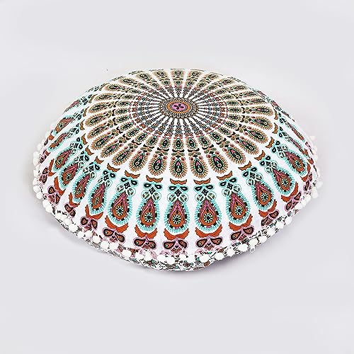 Indian Consigners Floor Cushion Covers 22" Round Mandala Ombre Zipped Ottoman Cover - color: Pink-mustard-green