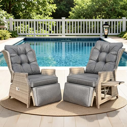 Outdoor Recliner with Adjustable Back and Footrest, Patio 150 Lay Flat Recliner with Flip Table Wicker Reclining Lounge Chair, Grey with Beige Wicker 2PCS - color: Grey With Beige Wicker, size: 2PCS