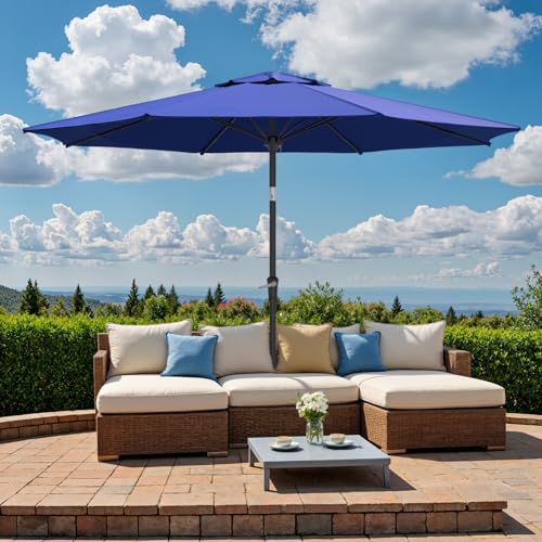 Outdoor Patio Umbrella, Table Umbrella with Push Button Tilt and Crank, 8 Ribs Market Umbrella - color: Dark Blue-Fiberglass Ribs, size: 9FT