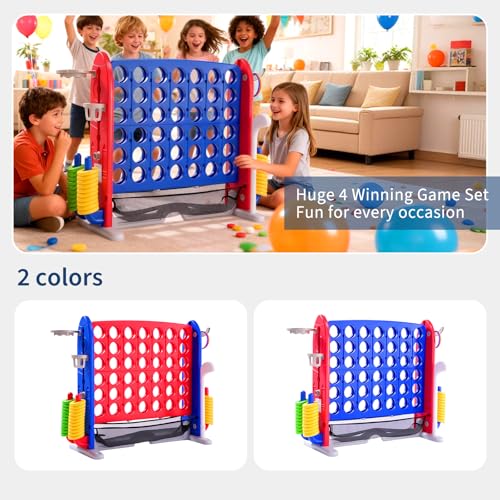 Jumbo 4 in a Row Game, Height Adjustable(2.7-3.2 ft) Outdoor Indoor Connect 4 w/Quick Release, Giant Connect Four with Basketball Hoop, Ring Toss & Net, Backyard Party Game for Adults Kids