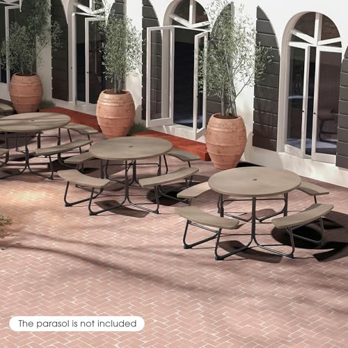 Giantex Picnic Table Set for Up to 8 Persons, Round Outdoor Table and Bench Set with Umbrella Hole, HDPE Top & Metal Frame, 2000LBS Capacity, Patio Table Bench for Deck Backyard Garden, Coral Reef - color: Coral Reef, size: Round-43"x43"x30"