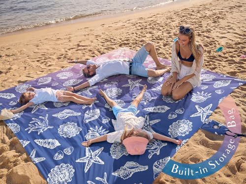 WEKAPO Beach Blanket Waterproof Sandproof Oversized, Extra Large Beach Mat Sand Free, Lightweight & Compact Sand Free Mat with 5 Stakes & 4 Corner Pockets - color: Gradient-deepblue Sea Shells, size: 8 x 7 FT (1～4 person)